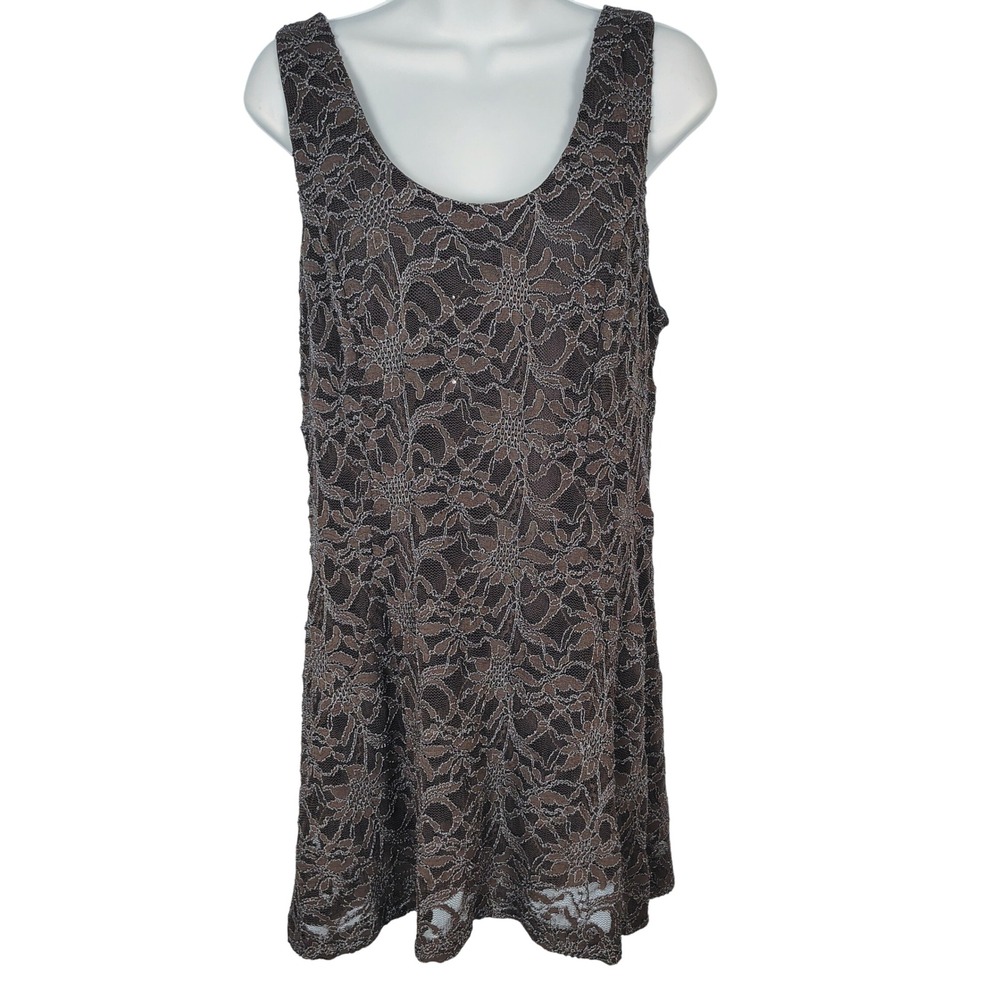Ursula of Switzerland Brown Silver Lace V-Back Sleeveless Tunic Top Size 14